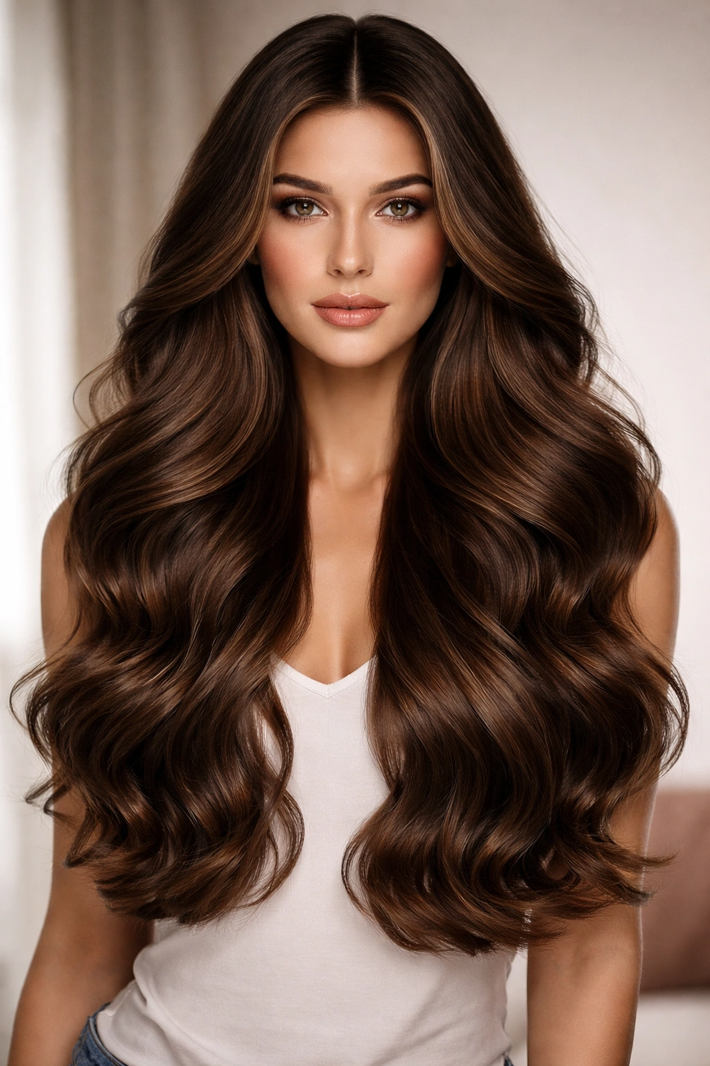 Brunette voluminous waves with a middle part and crown lift