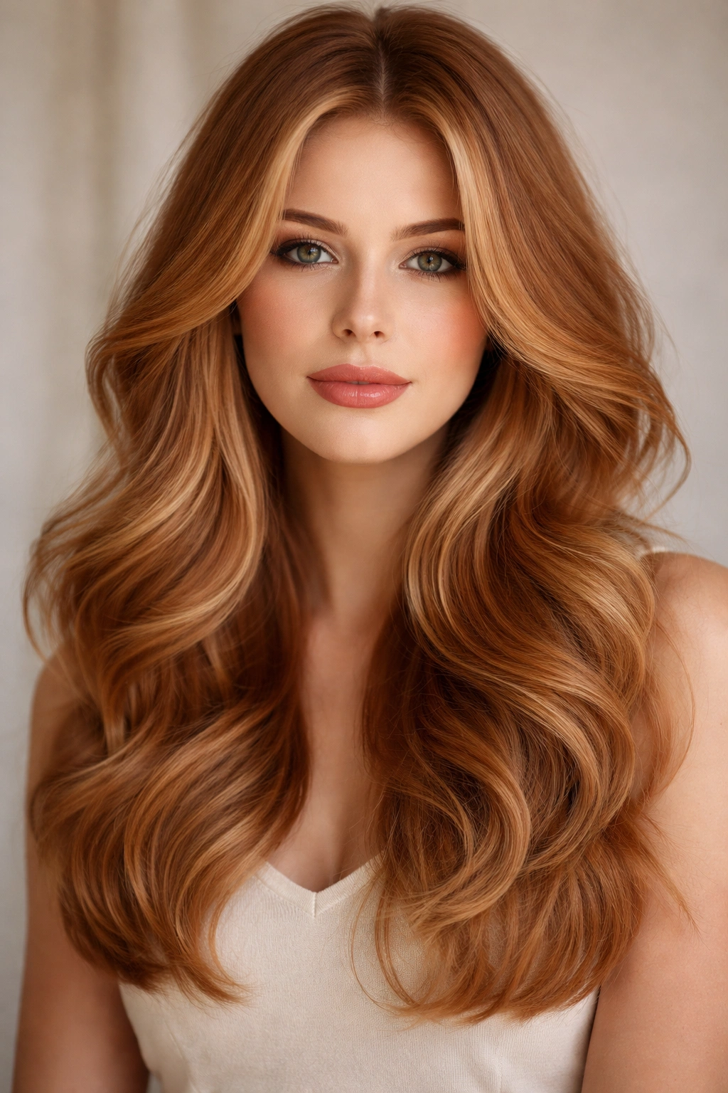 Close-up of strawberry blonde hair with voluminous waves and curtain layers framing the face