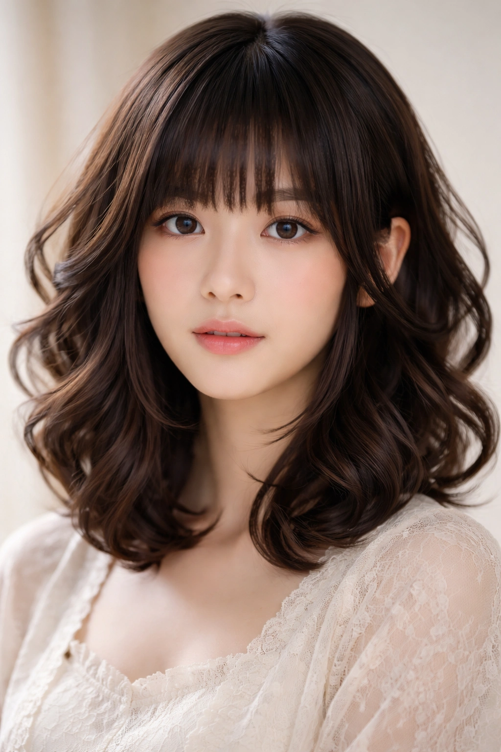 Portrait of a person with voluminous waves hime hairstyle, prominent sidelocks and dramatic wave volume