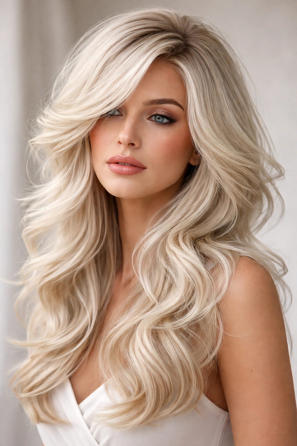 Platinum blonde voluminous waves with a layered cut