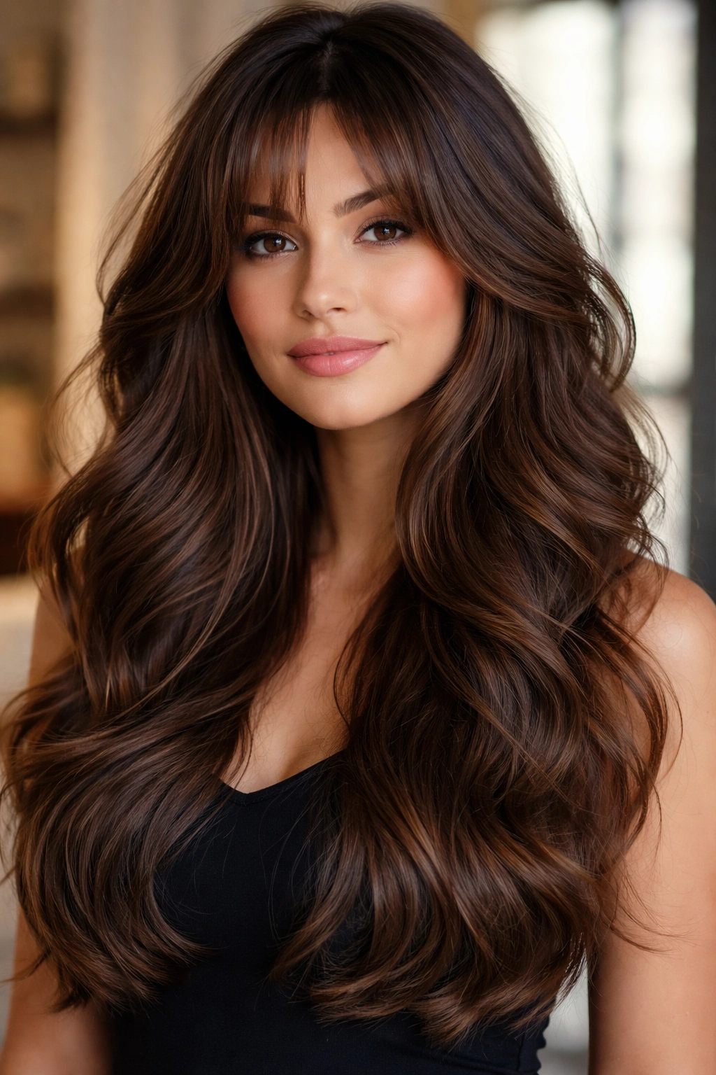 Voluminous waves with curtain bangs and face-framing layers around the cheeks