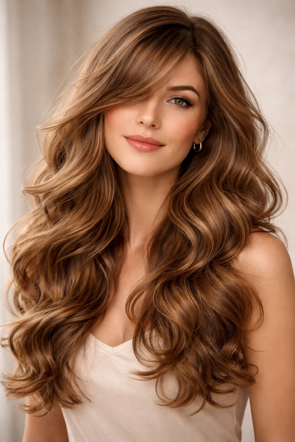Big, voluminous waves with side-swept bangs and lifted roots.