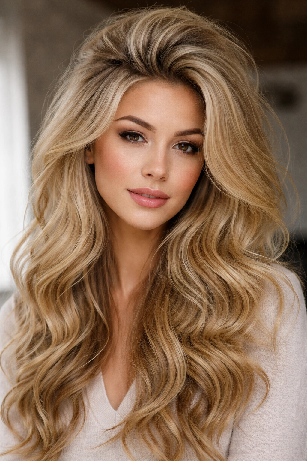 Voluminous waves with a teased crown creating lift and flowing texture
