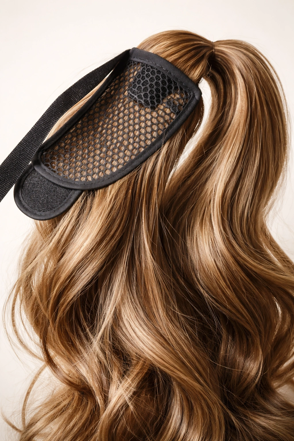 Close-up of dense ponytail extension with integrated grip base underside