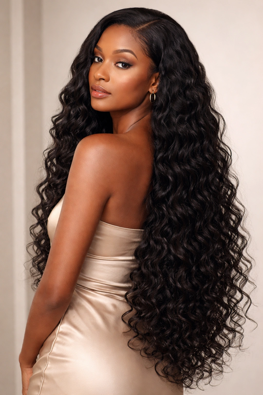 Waist-length deep wave wig cascading in dramatic waves