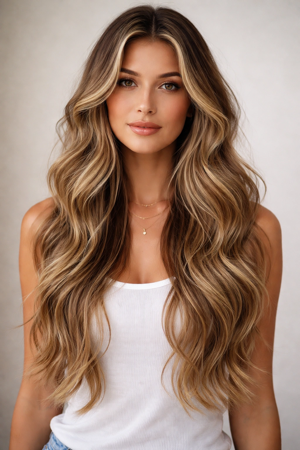 Waist-length hair with bottom layers and full crown, long waves