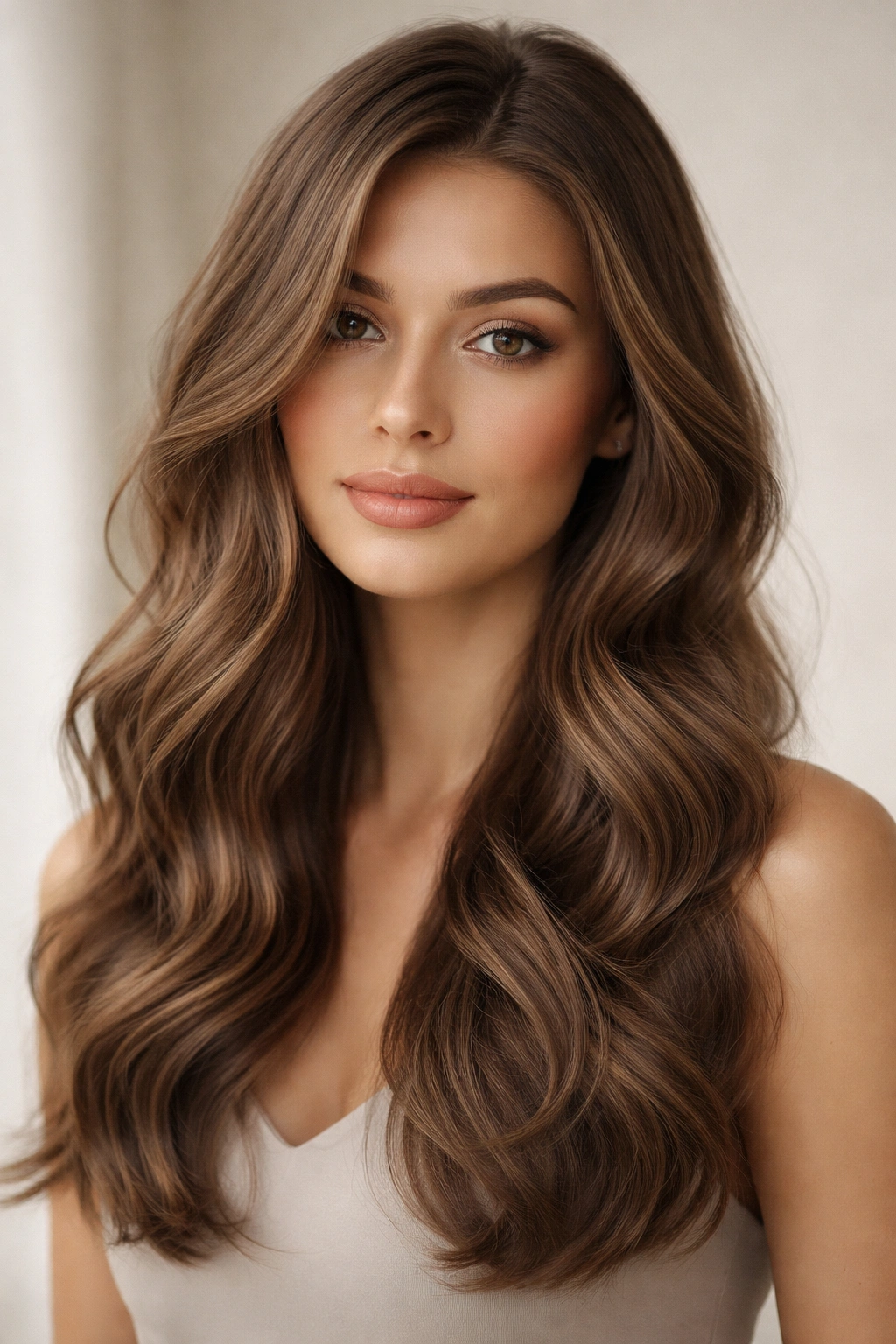 Close-up of warm taupe brown hair with elegant loose waves