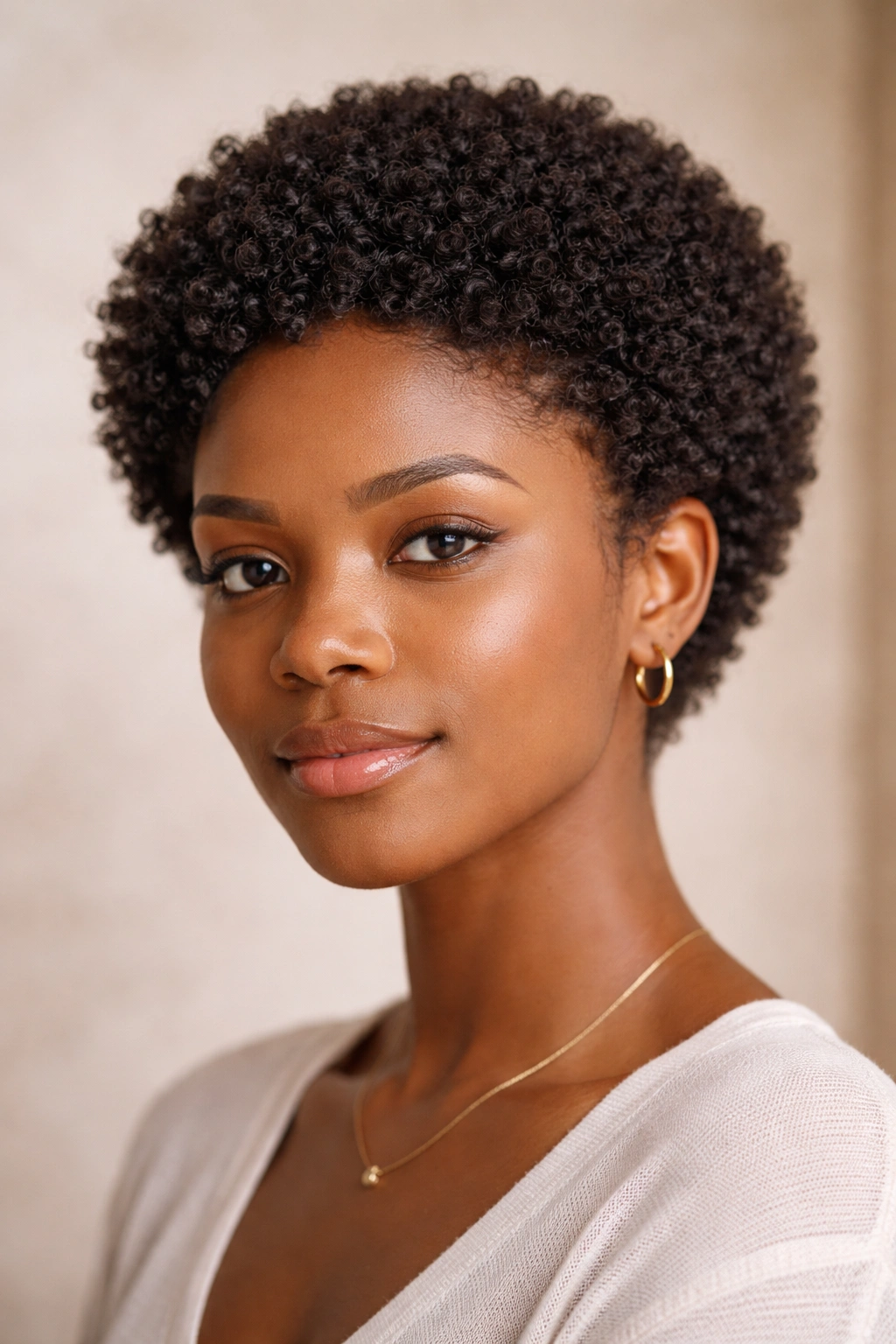 Portrait of a woman with a rounded wash and go, displaying a soft spherical coil shape.