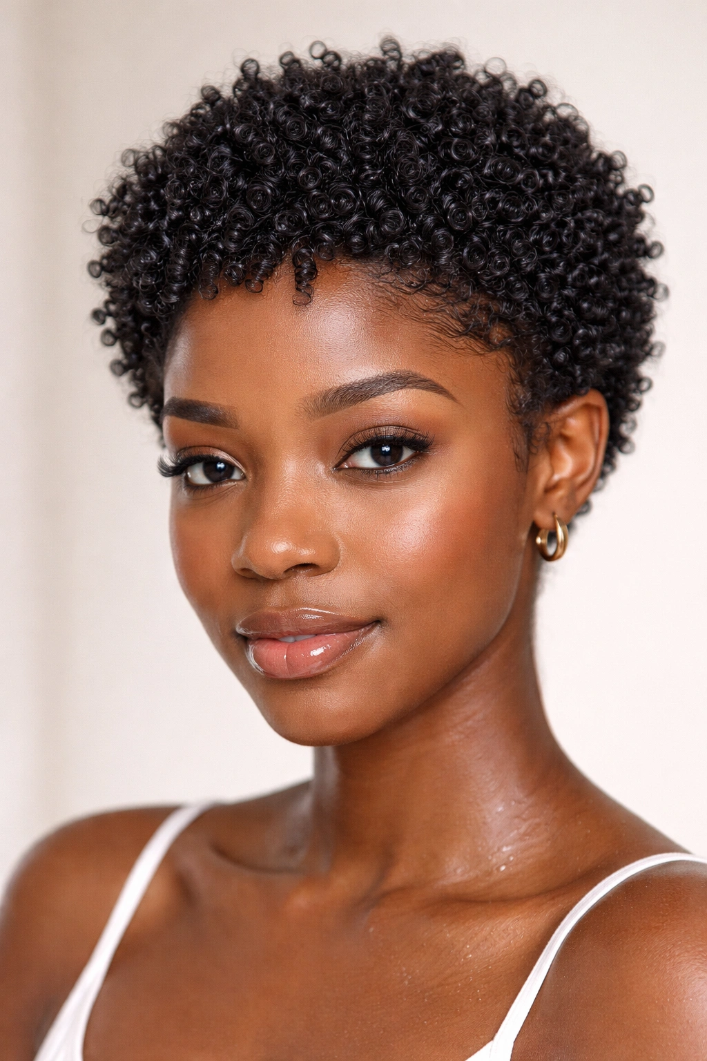 Short 4C wash-and-go with defined coils in a clean studio portrait