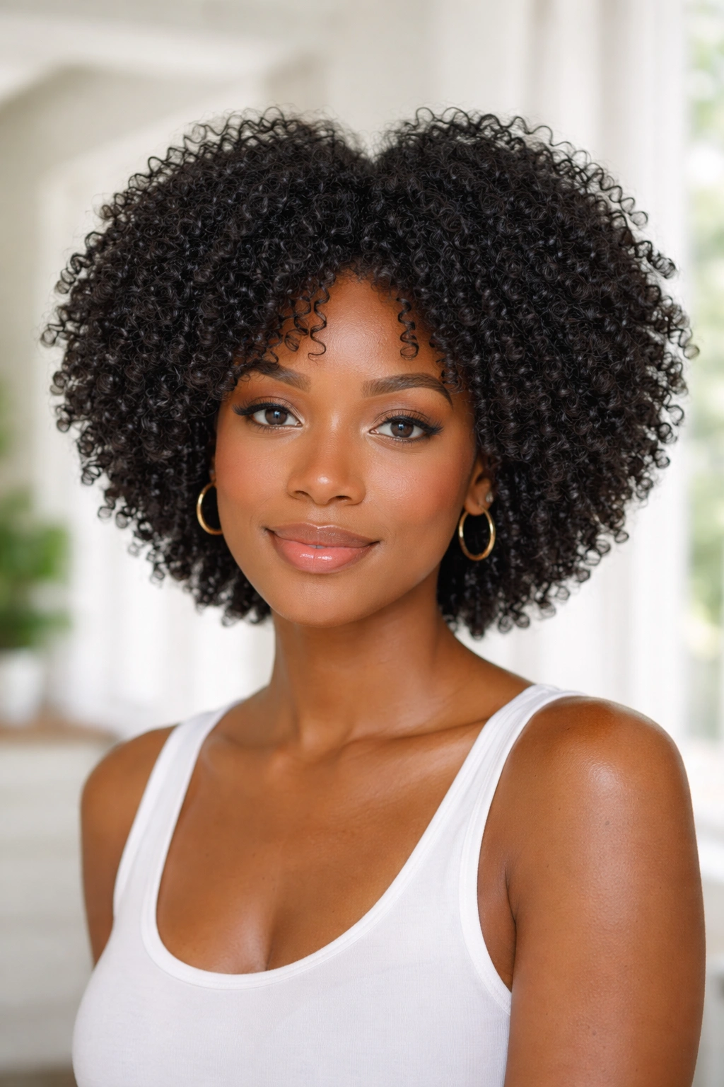 Front view of 4C hair in a wash-and-go with defined curls.