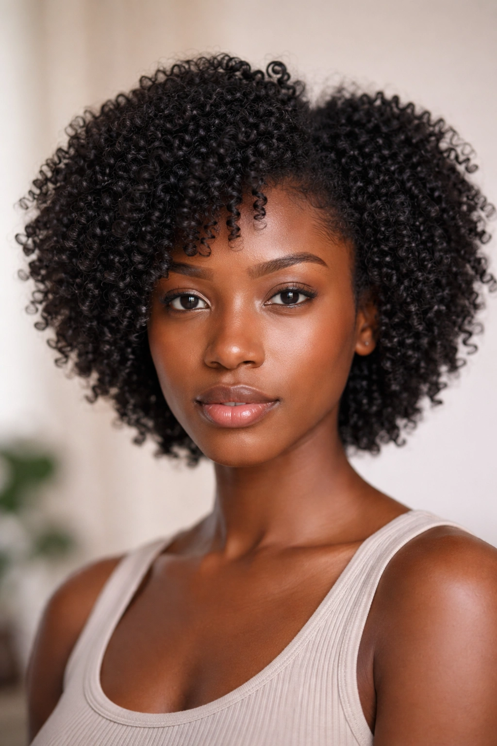Front view of 4C hair in a natural wash-and-go with defined coils
