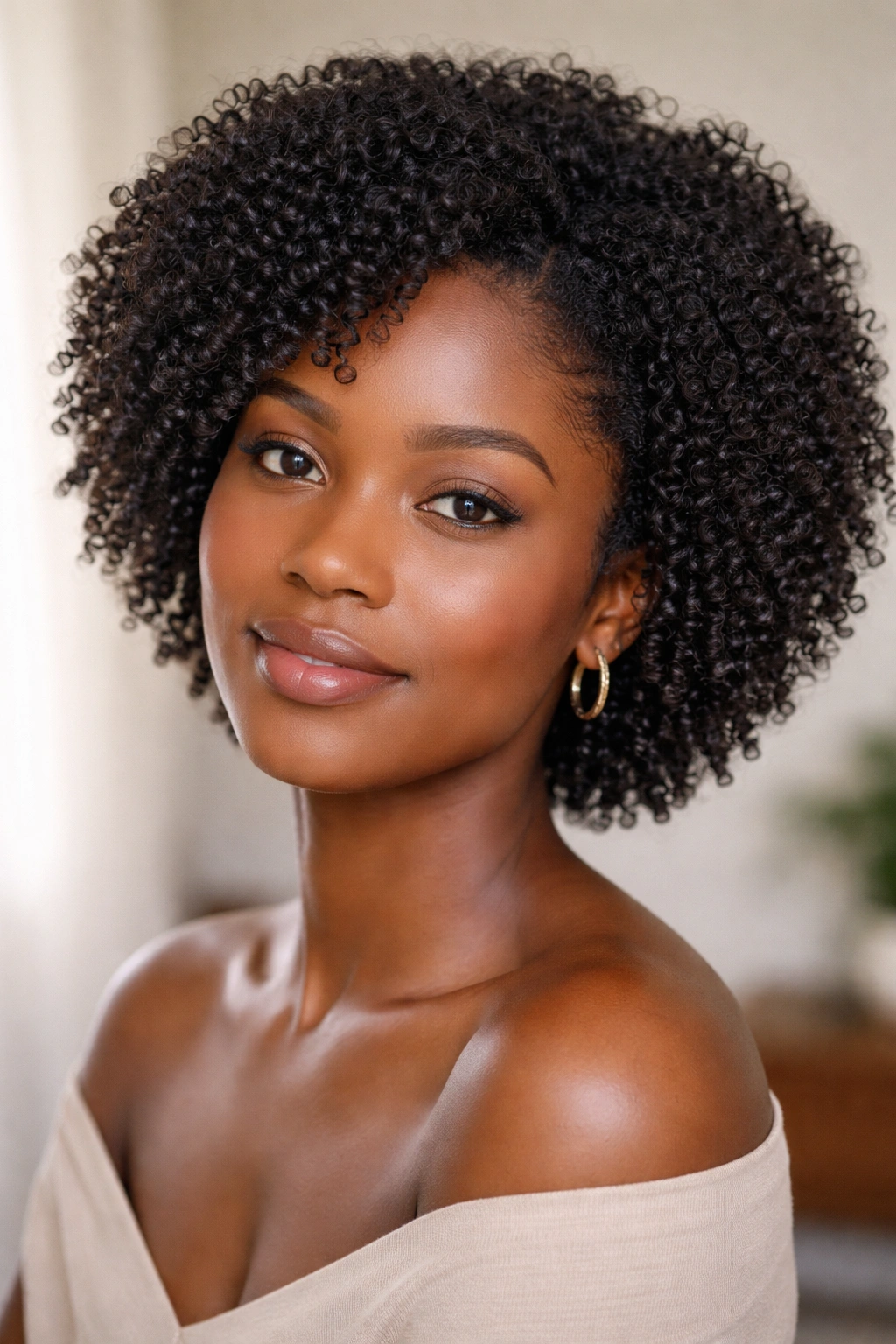4C hair in a defined wash-and-go with soft moisture and defined curls