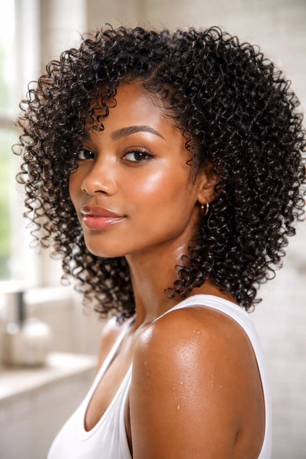 Close-up of a person with defined natural curls in a wash-and-go hairstyle