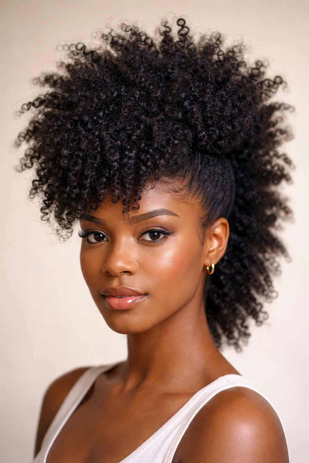 Close-up of voluminous wash-and-go afro hawk with defined curls