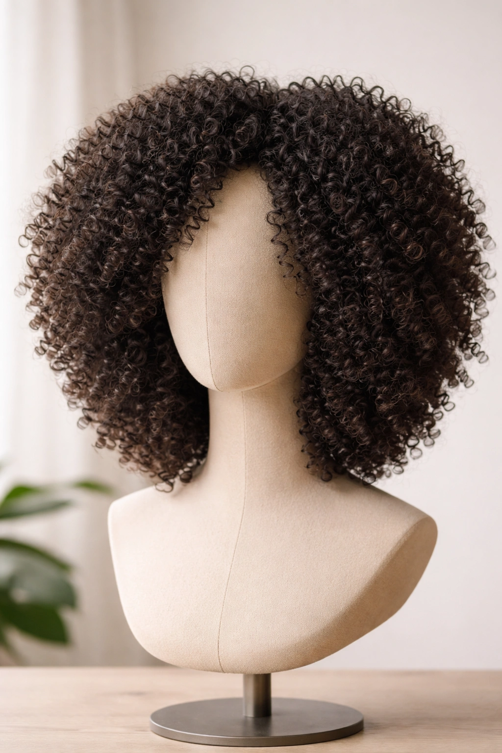 Wash-and-go afro wig with defined coils and natural waves on a head form