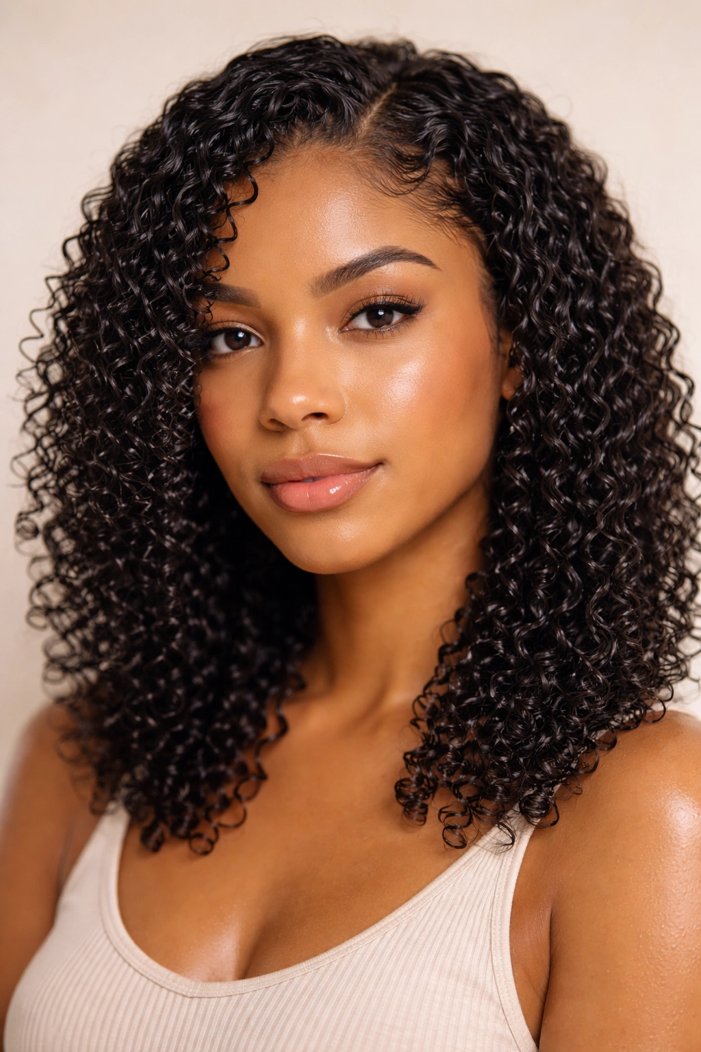 Person with glossy, defined wash-and-go curls in a neutral studio setting