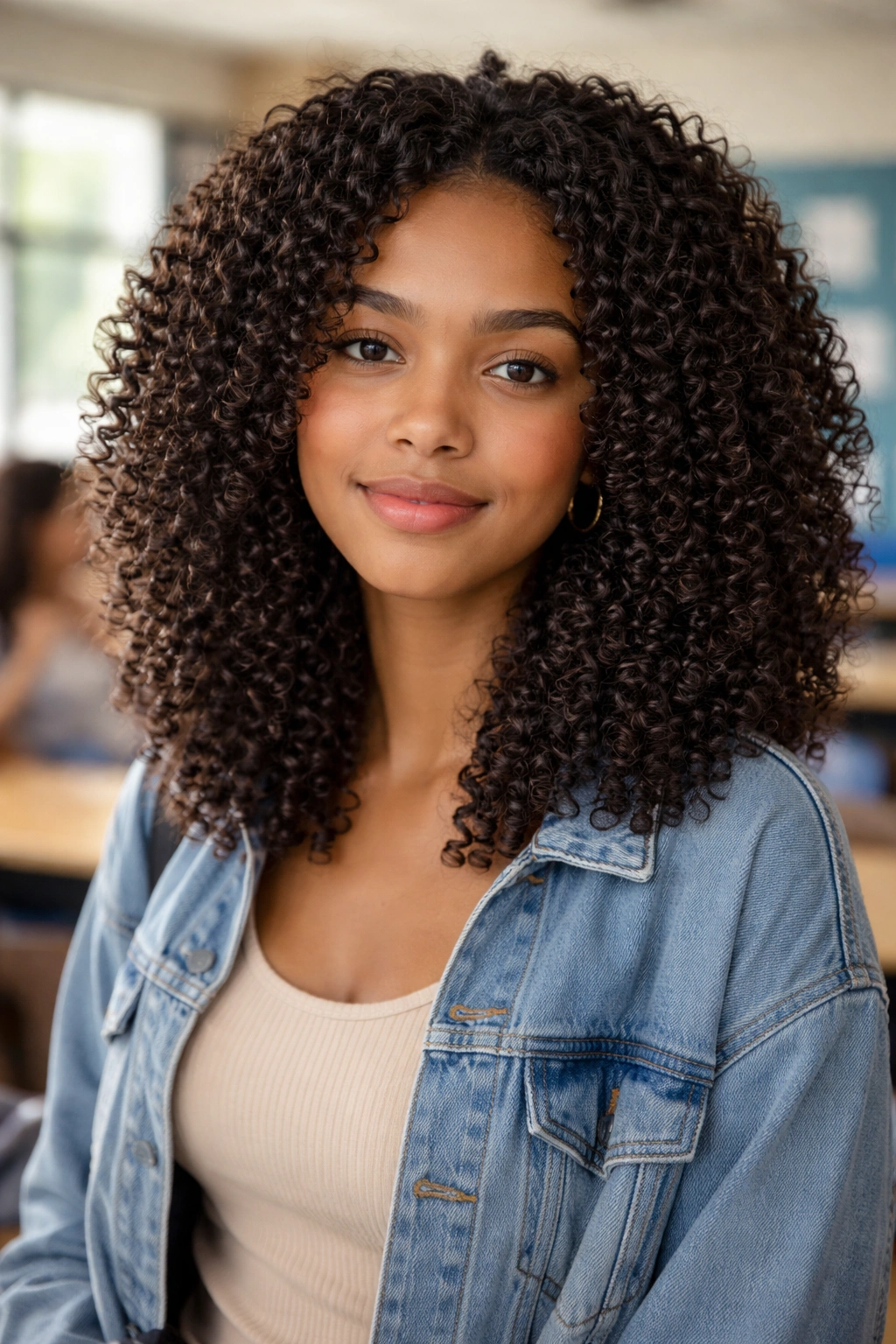 Close-up of defined wash-and-go curls on a student.