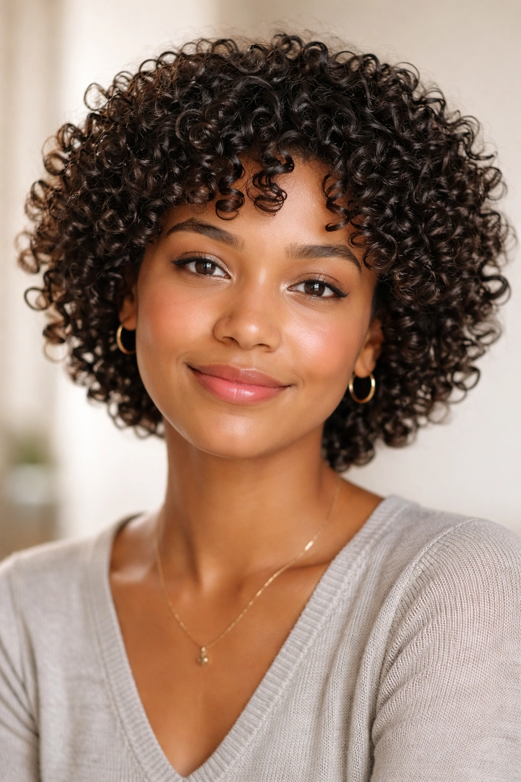 Front view of defined wash-and-go curls with shine