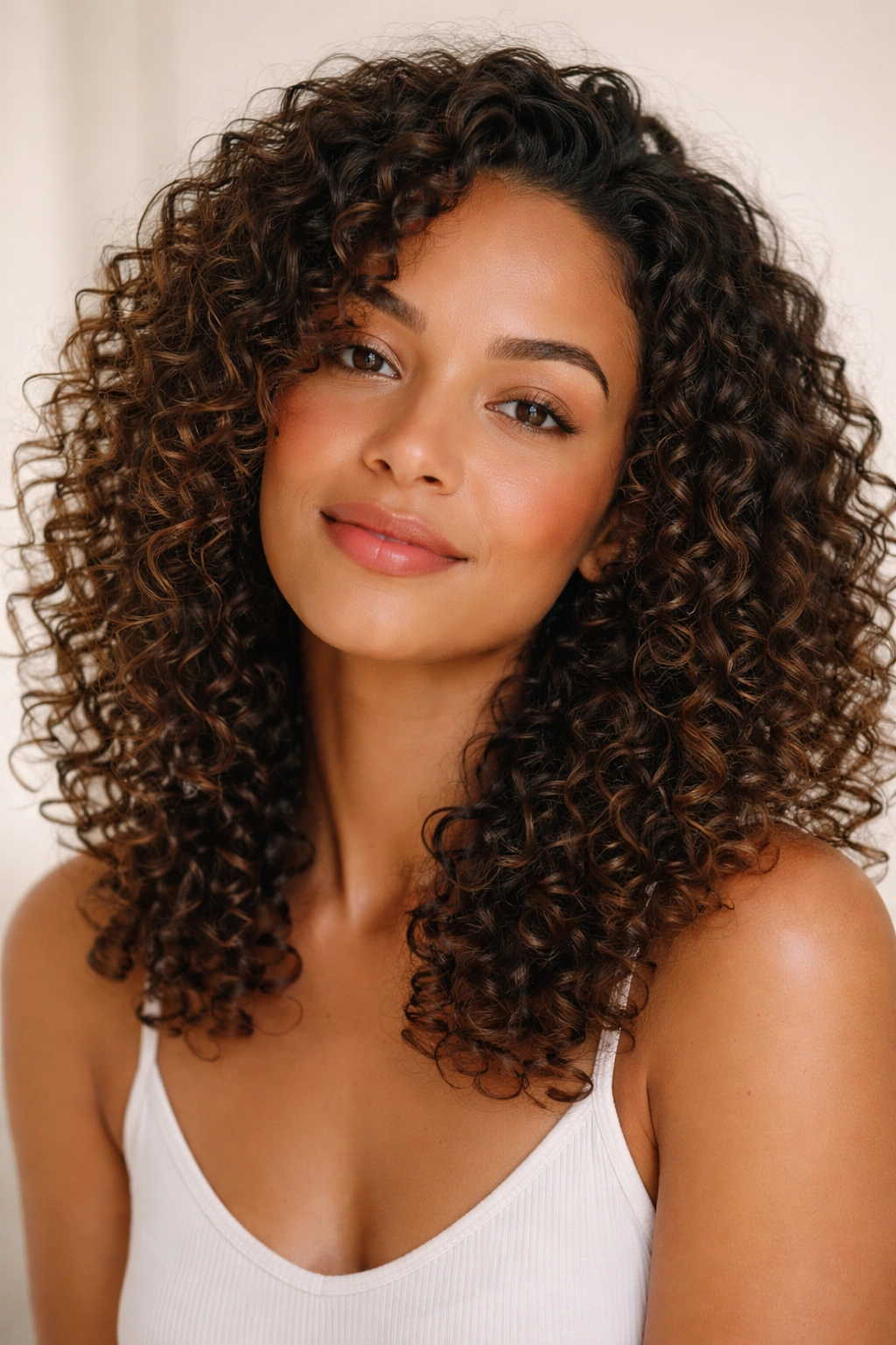 Close-up of moisturized, bouncy curls in an effortless wash-and-go hairstyle