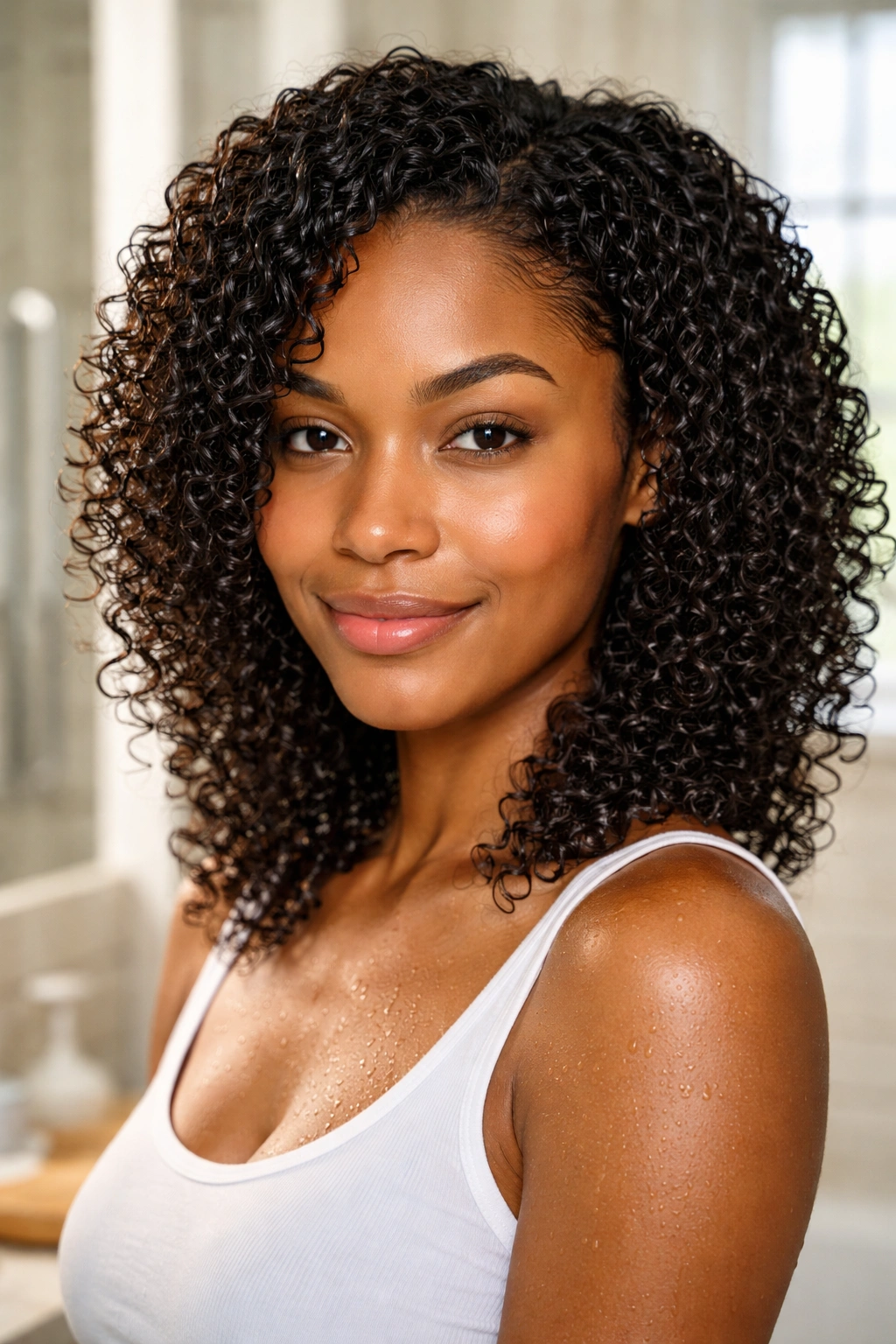 Close-up of wash-and-go curls with defined, wet-look texture