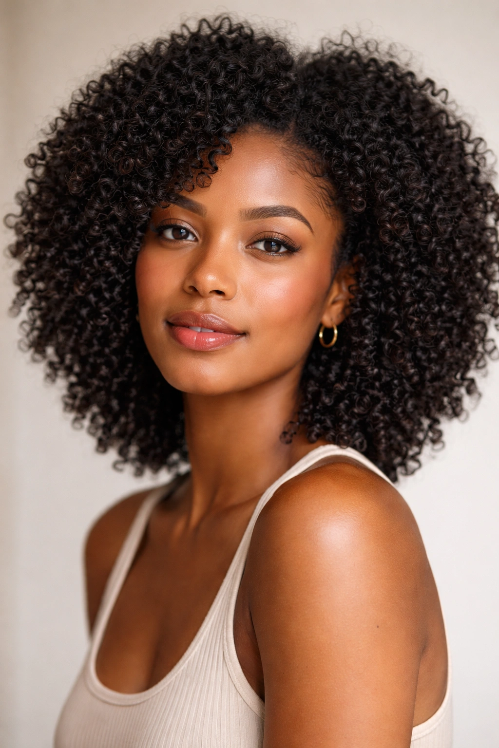 Close-up of a person with a wash-and-go hairstyle featuring defined natural curls