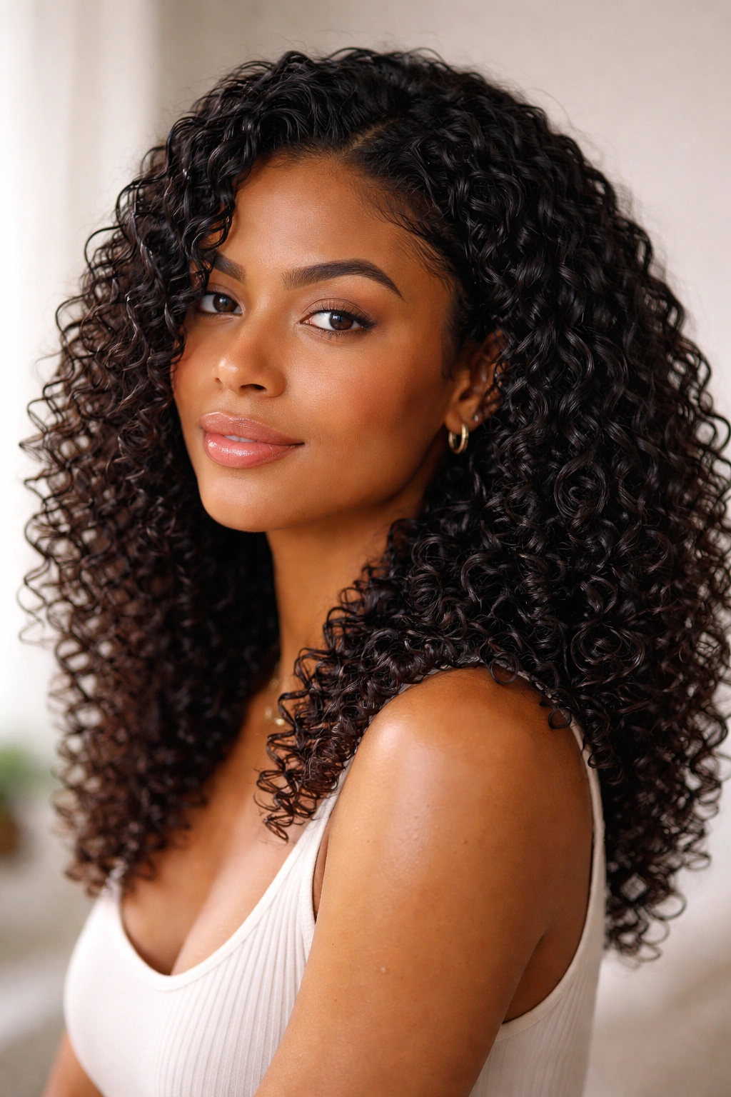 Close-up of defined natural curls on damp hair