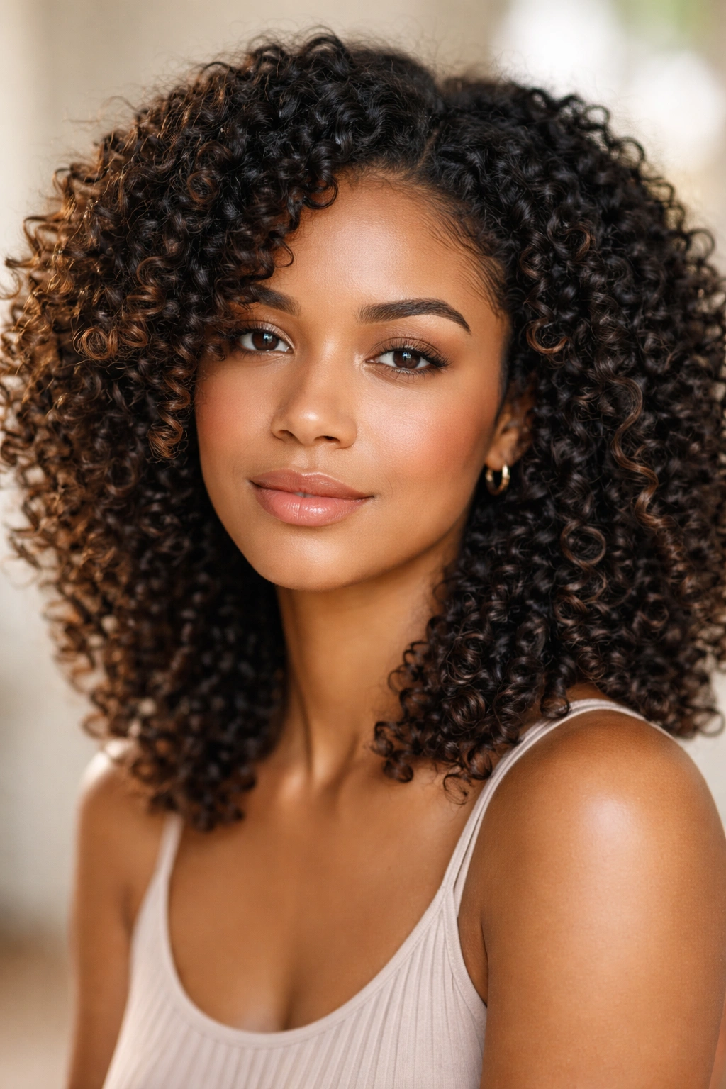 Head with natural, defined wash-and-go curls in a clean setting