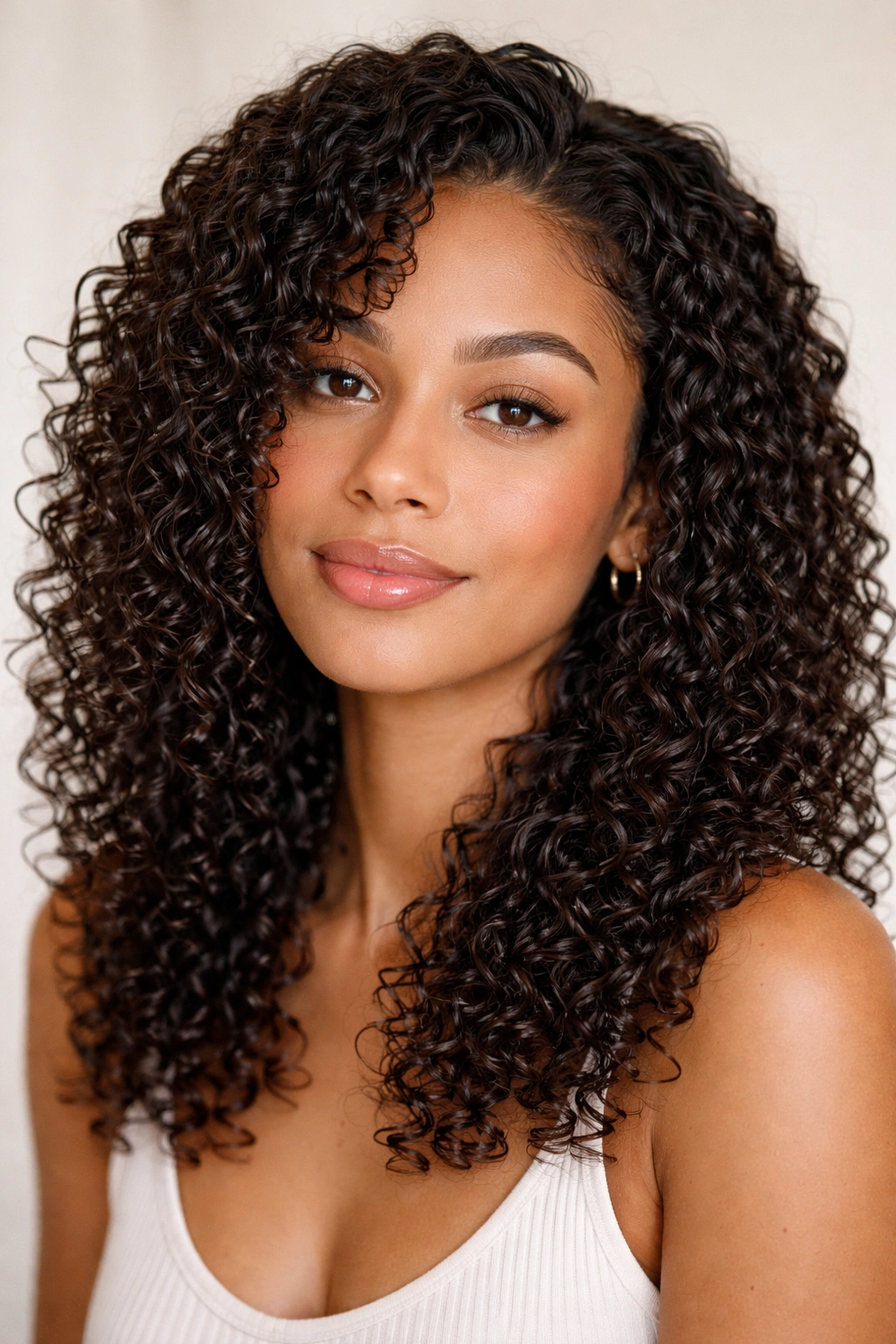 Front view of gel-defined 3b curls in a wash-and-go