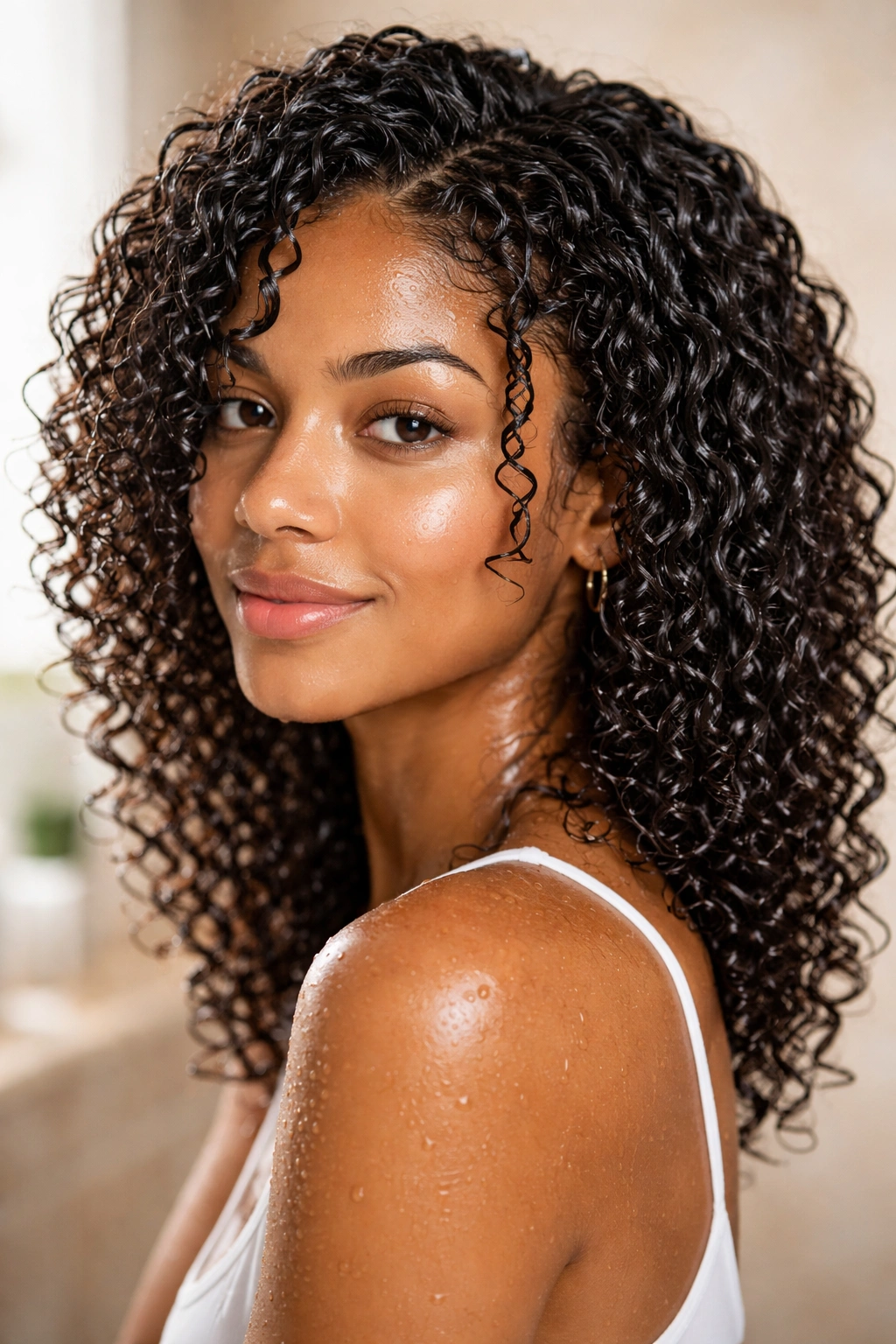 Close-up of wet, defined curls in a wash-and-go hairstyle
