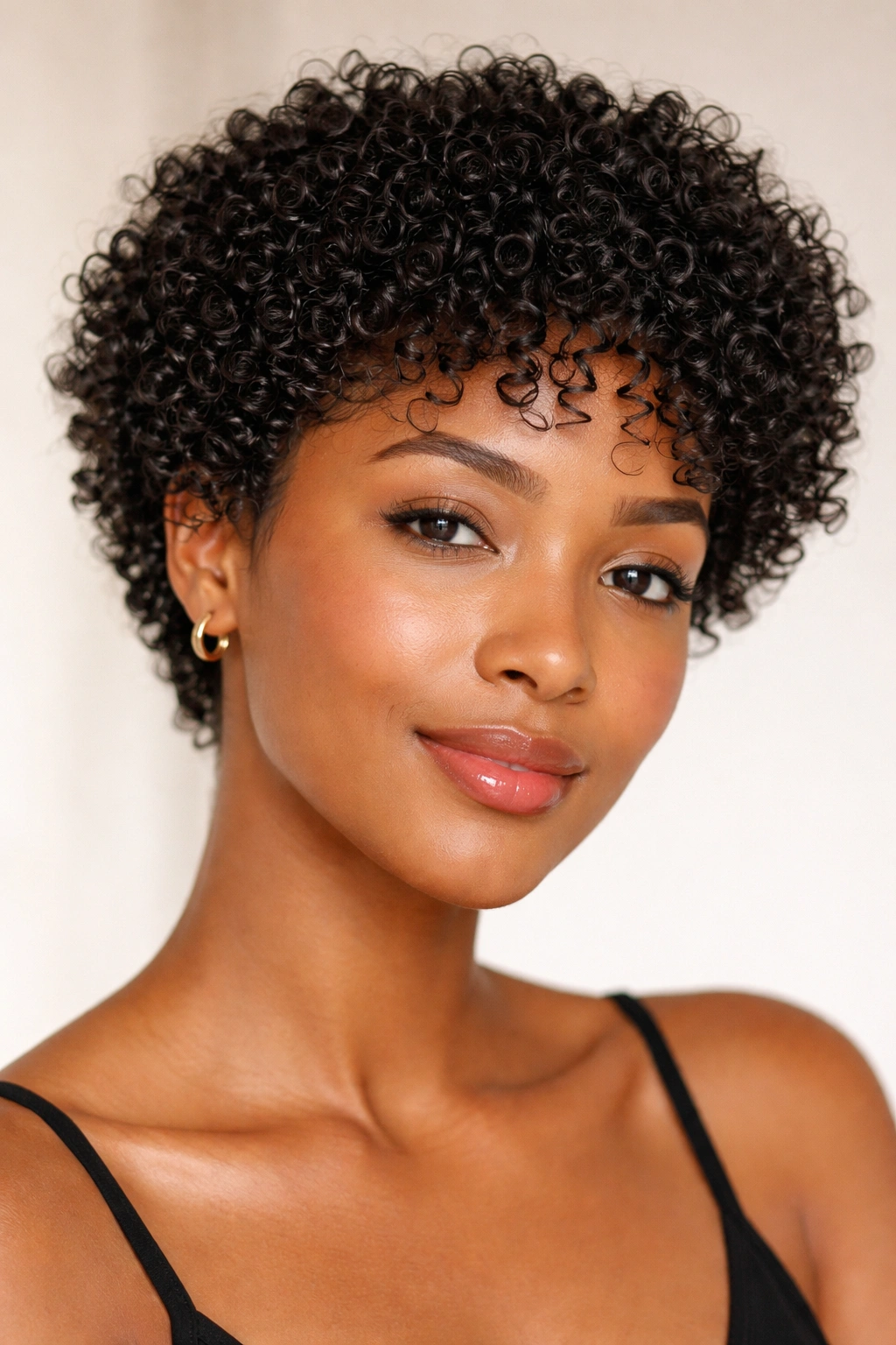 Close-up of a short curly wash-and-go hairstyle with defined coils