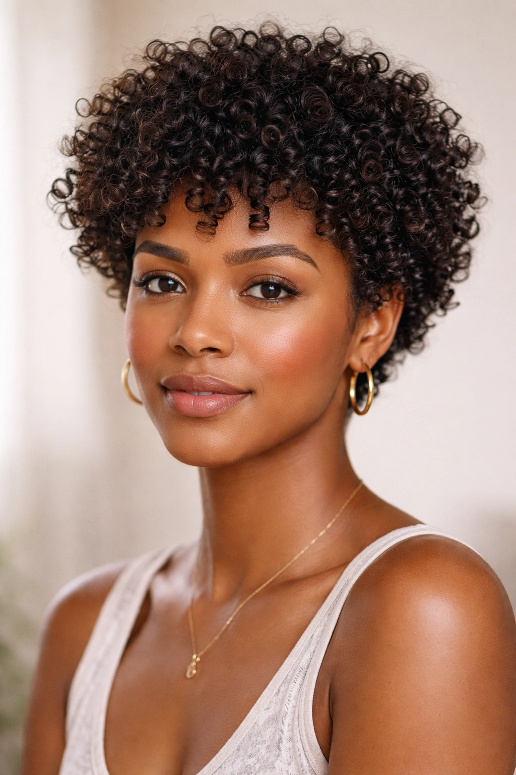 Close-up of a person with a wash-and-go short curly hairstyle, defined curls and rounded crown
