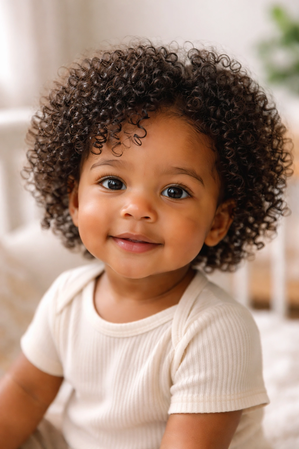 Close-up of a toddler's moisturized wash-and-go curls in natural pattern