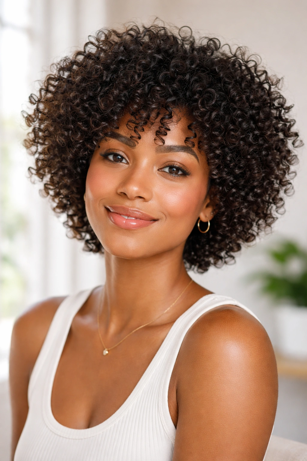 Close-up of short curly wash-and-go hairstyle with voluminous curls.