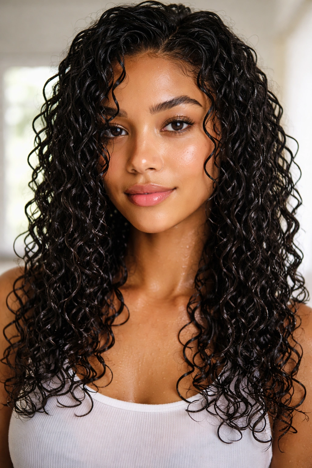 Frontal view of wet, defined curl clusters in a wash-and-go style.