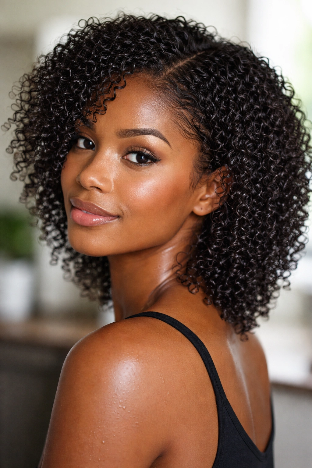 Close-up of natural hair with defined wash-and-go curls and coils