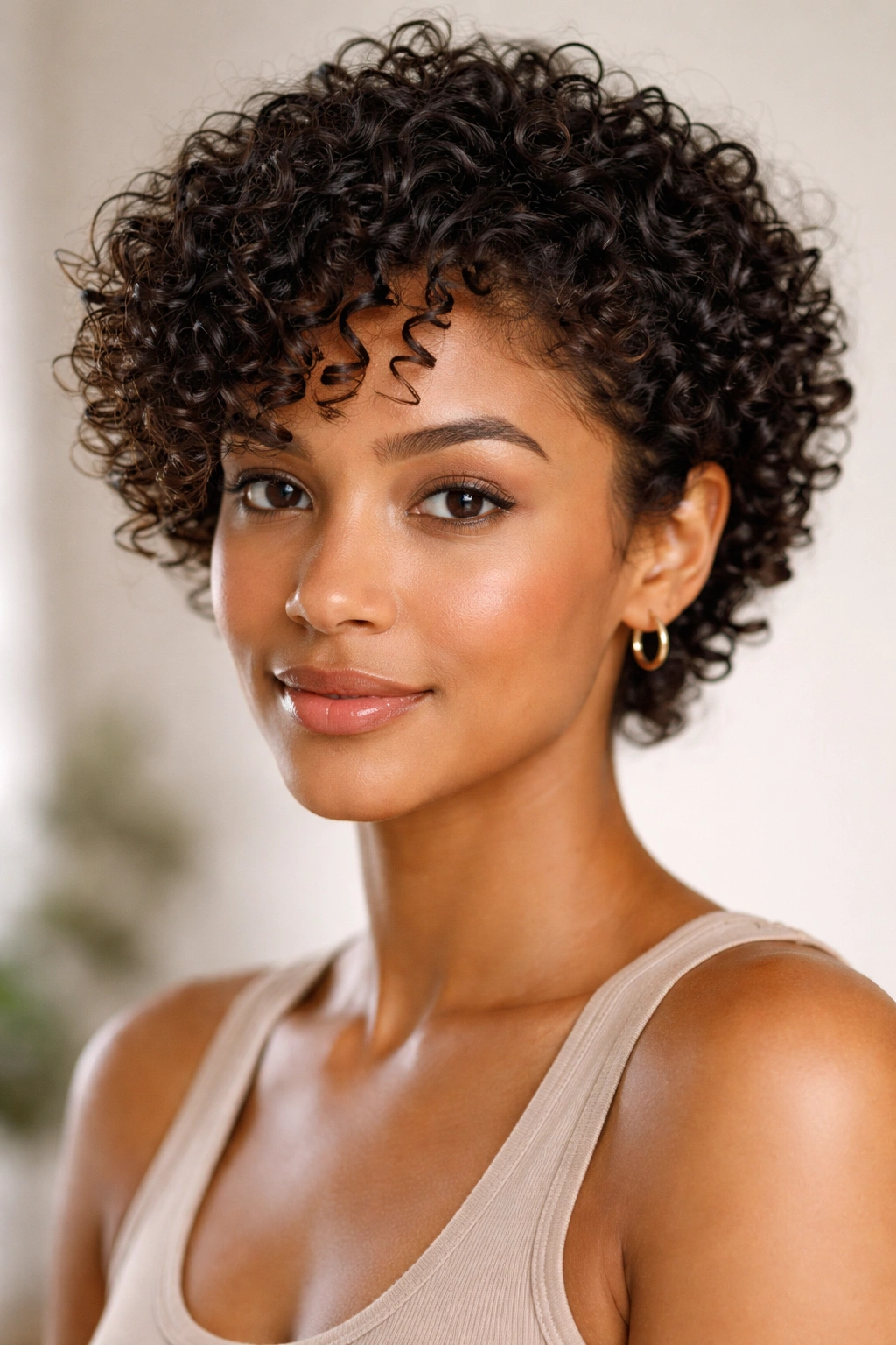 Portrait of short curls in a wash-and-go style showing natural texture