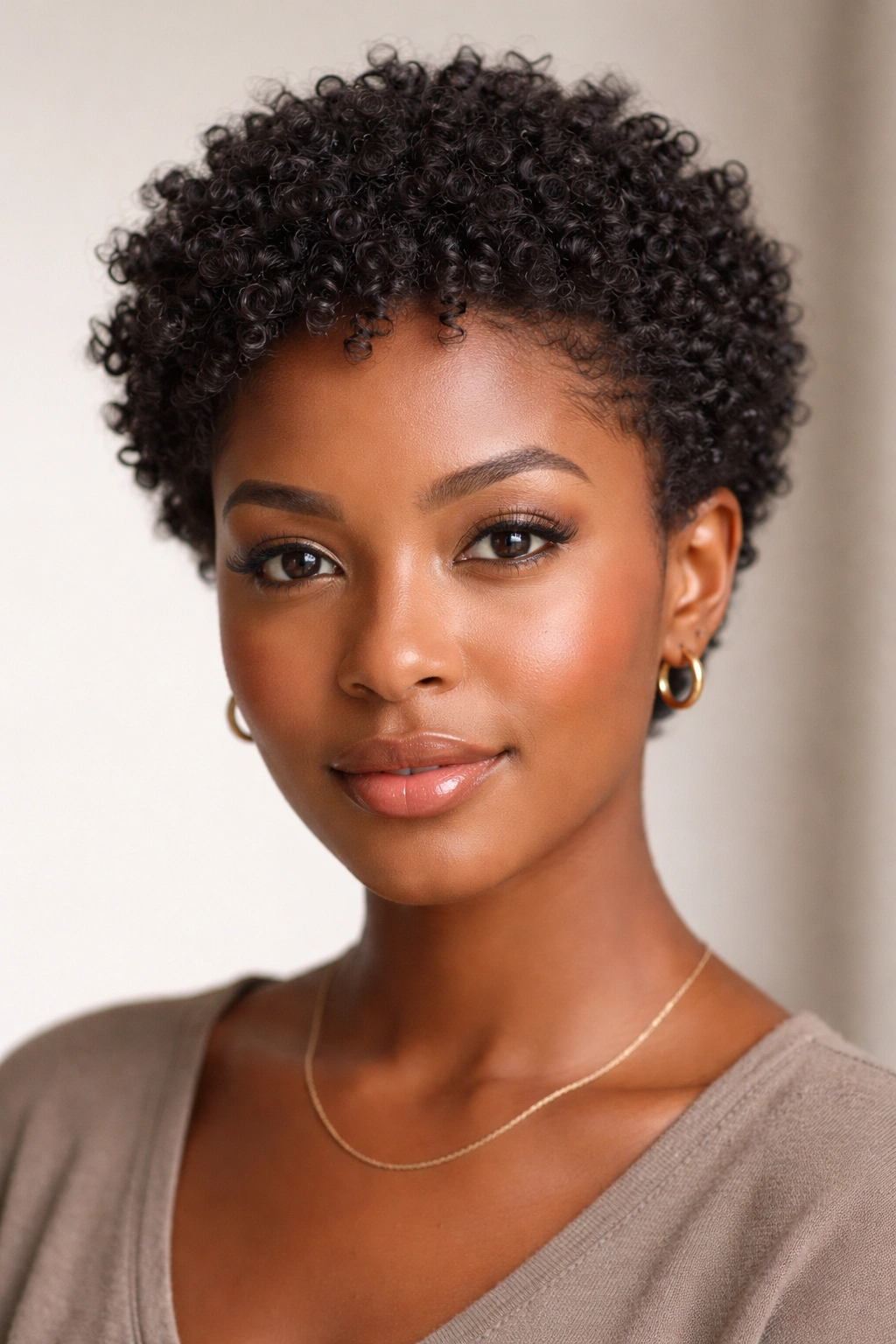 Front-facing portrait of a person with short wash-and-go curls