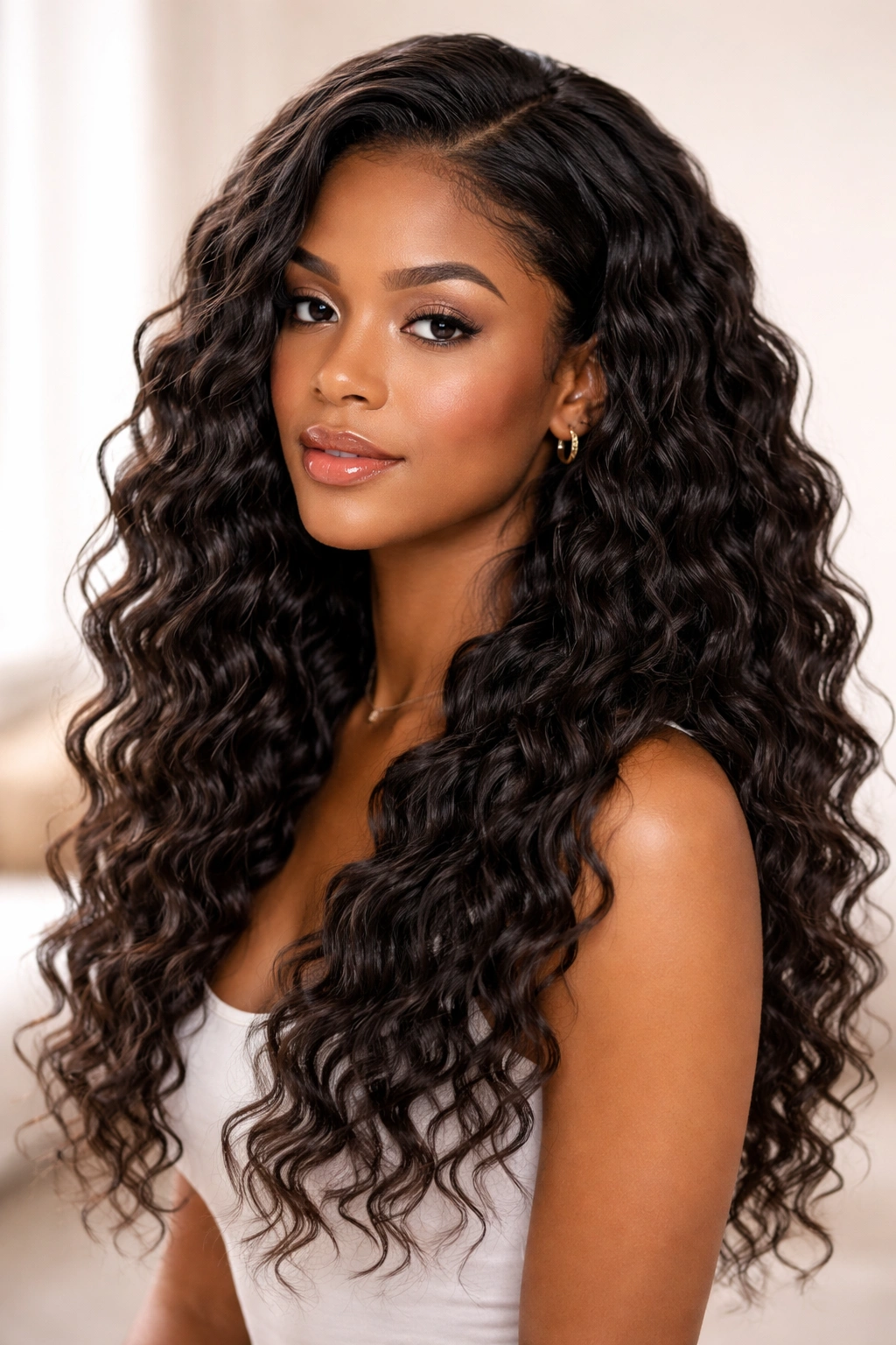 Water wave crochet hairstyle with glossy defined waves over curls