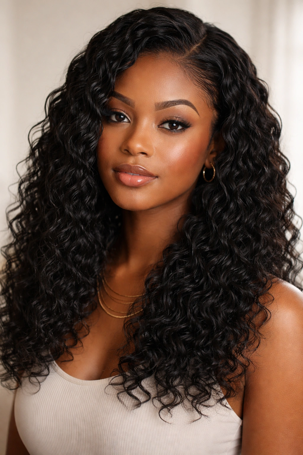 Close-up of water wave crochet hairstyle with shoulder-length rippled waves