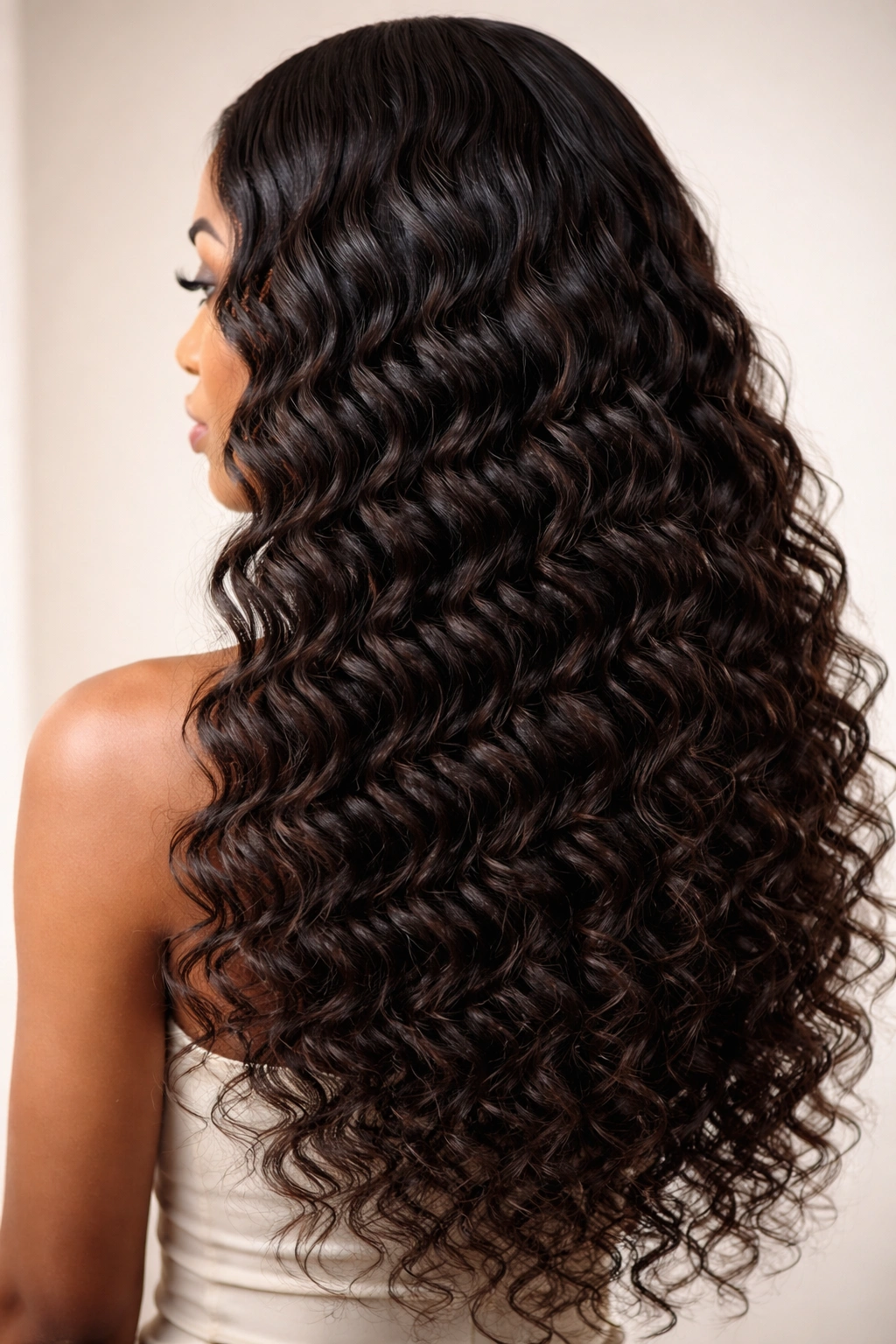Close-up of water wave curly weave with refined, symmetrical waves