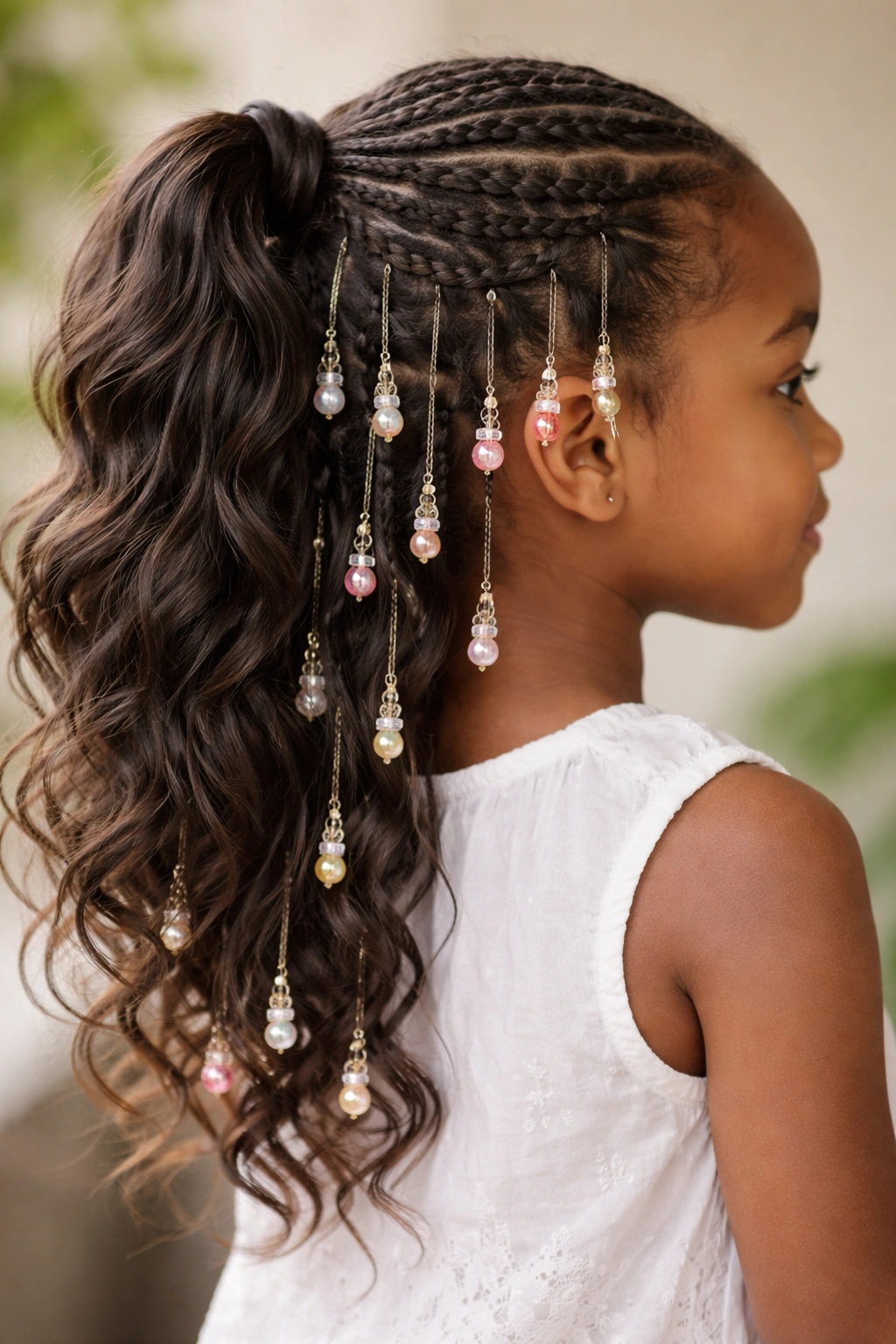 Waterfall braid ponytail with hanging beads and flowing hair