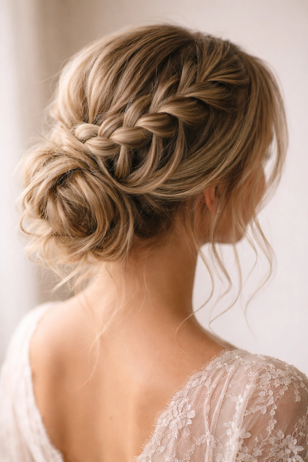 Waterfall braid cascading into a loose bun on the opposite side