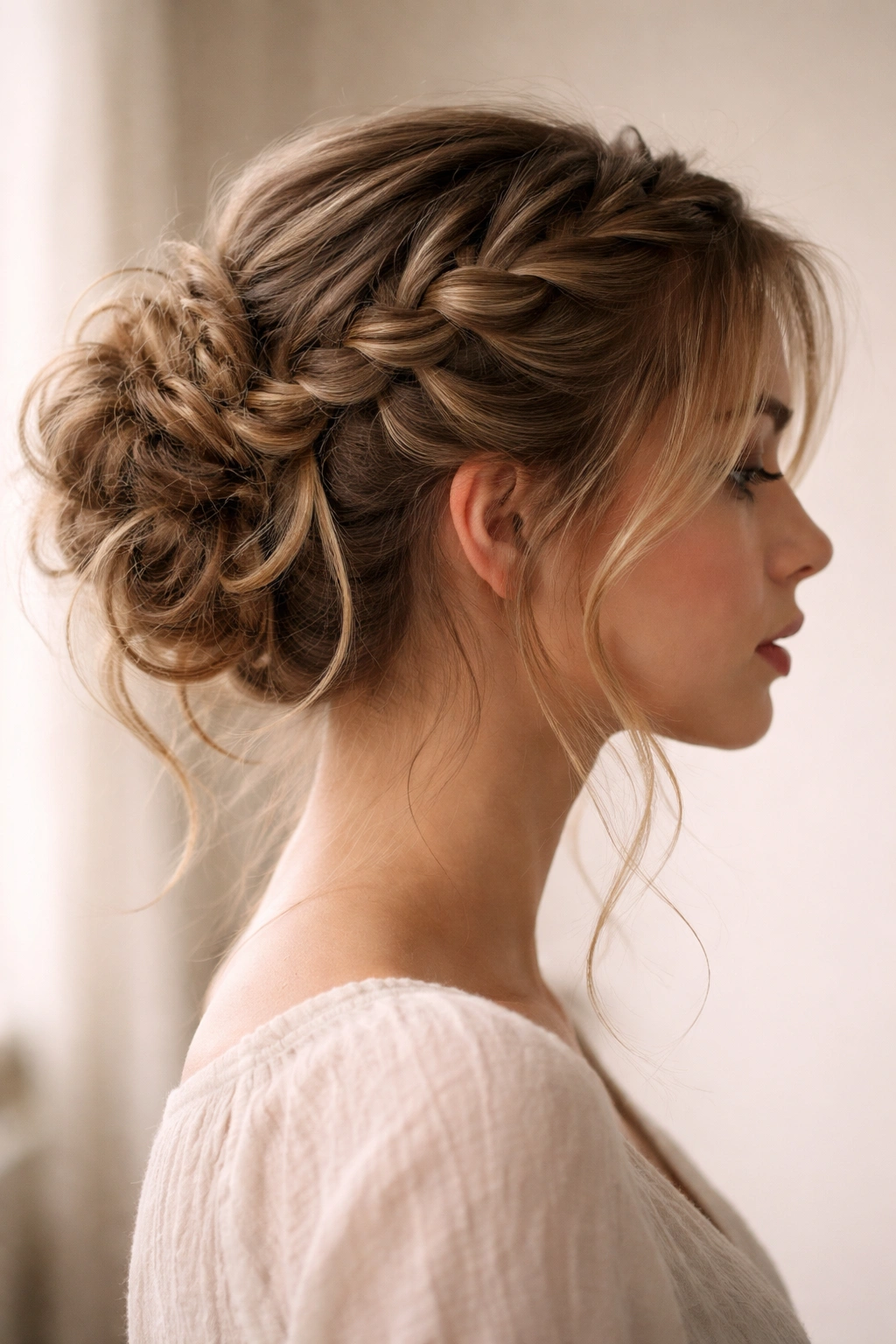 Waterfall braid with dropped strands into a textured bun at the back