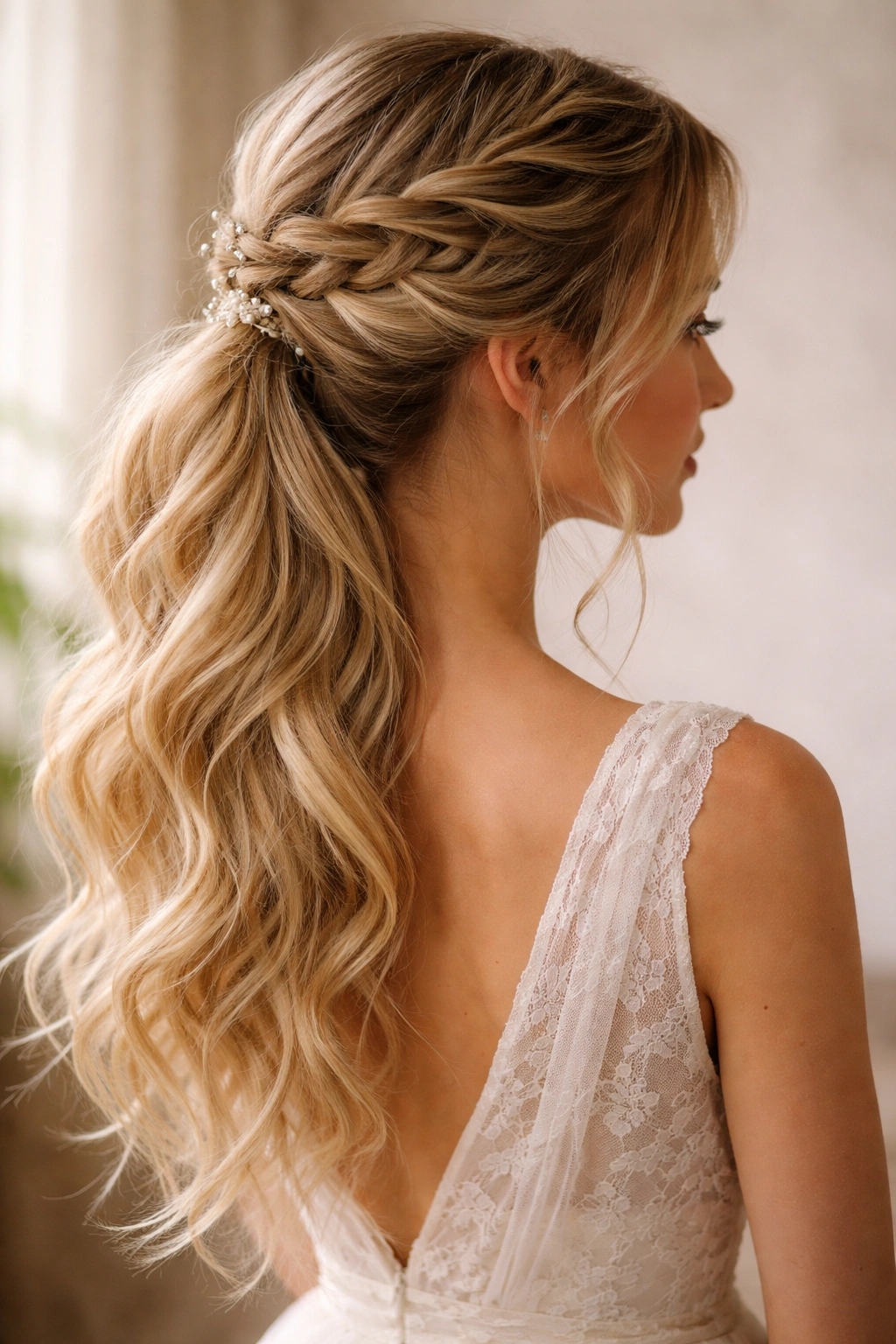 Waterfall braid descending into a low ponytail, ethereal bohemian wedding hairstyle.