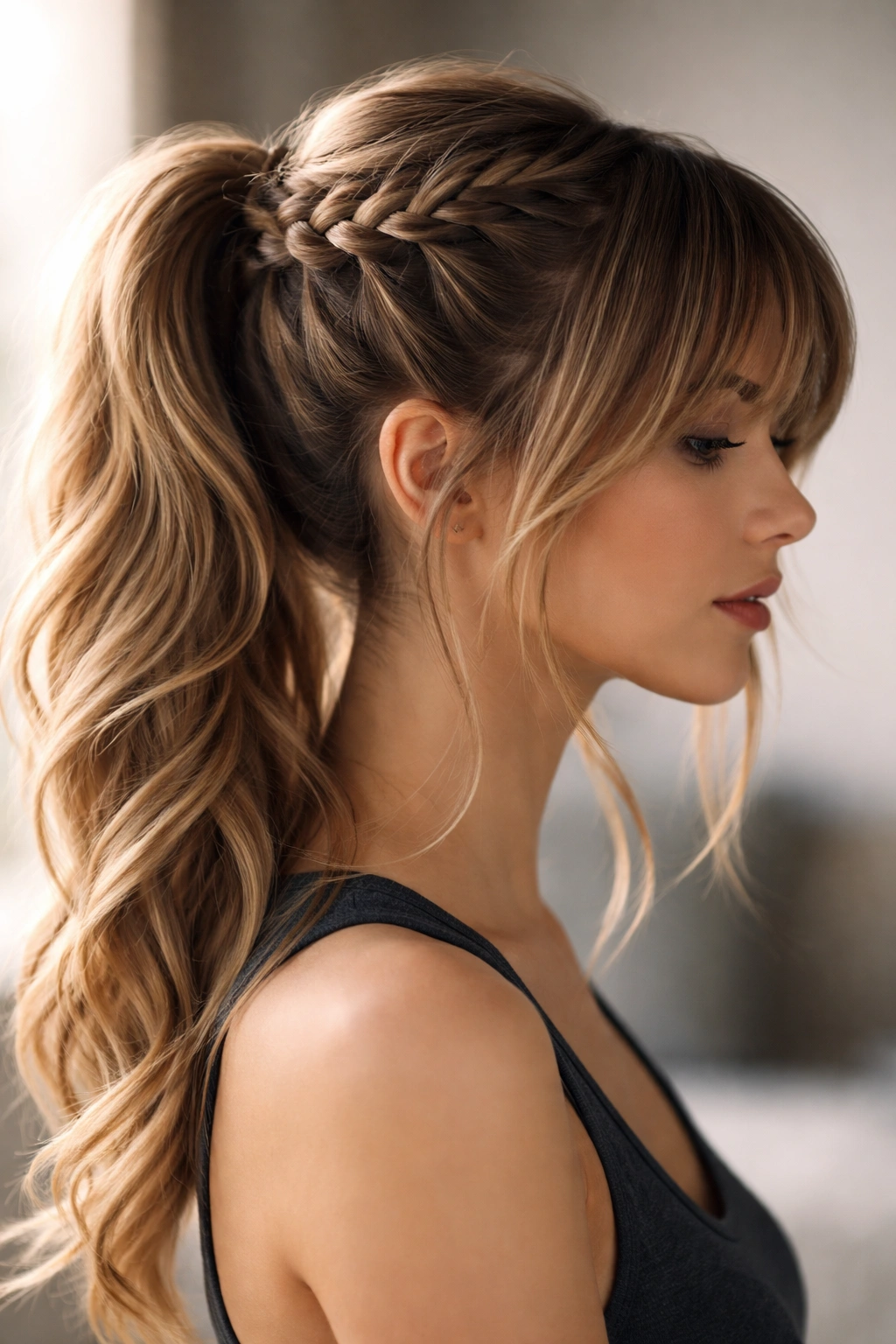 Waterfall braid cascading into ponytail with long bangs hairstyle