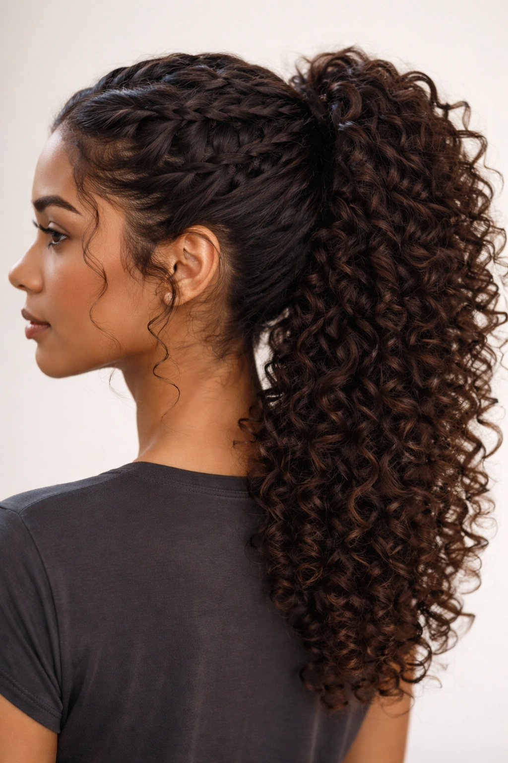 Waterfall braid cascading into a ponytail with curls visible at multiple depths.