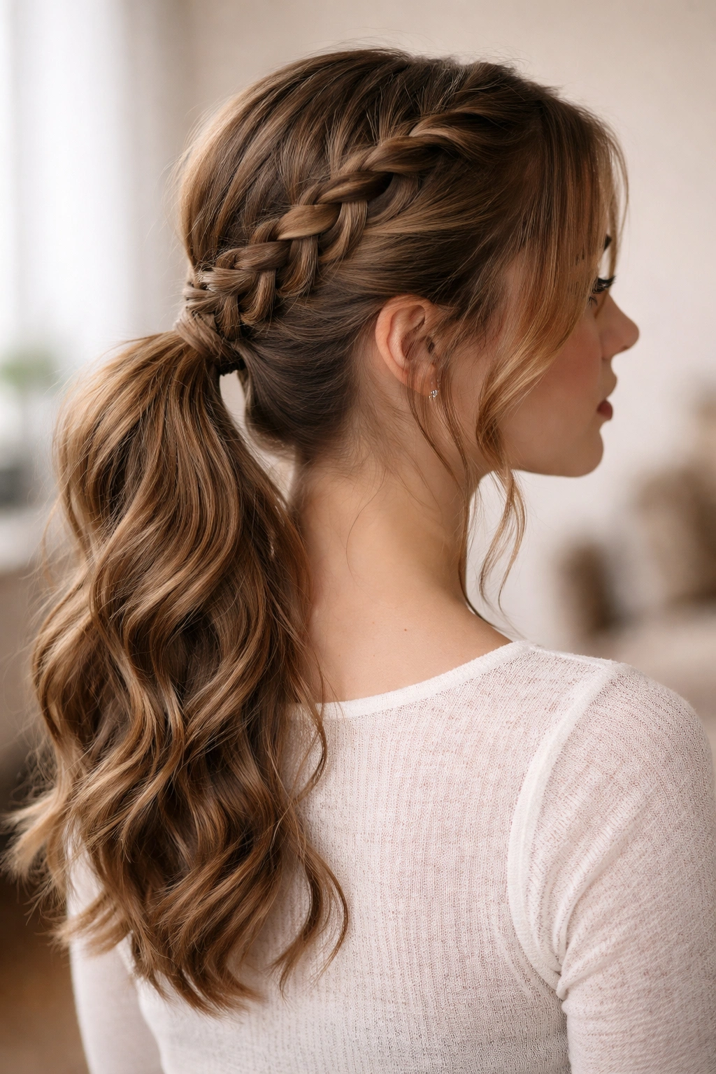Waterfall braid with cascading strands into a ponytail on wavy hair