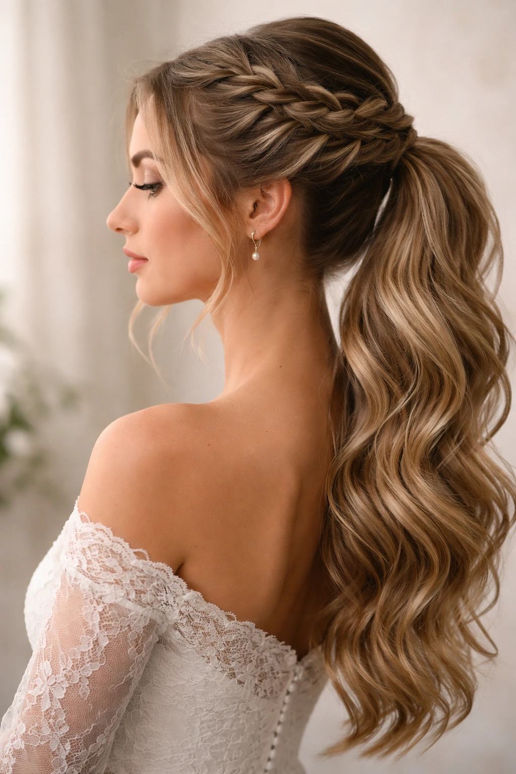 Waterfall braid cascading along the side into a ponytail
