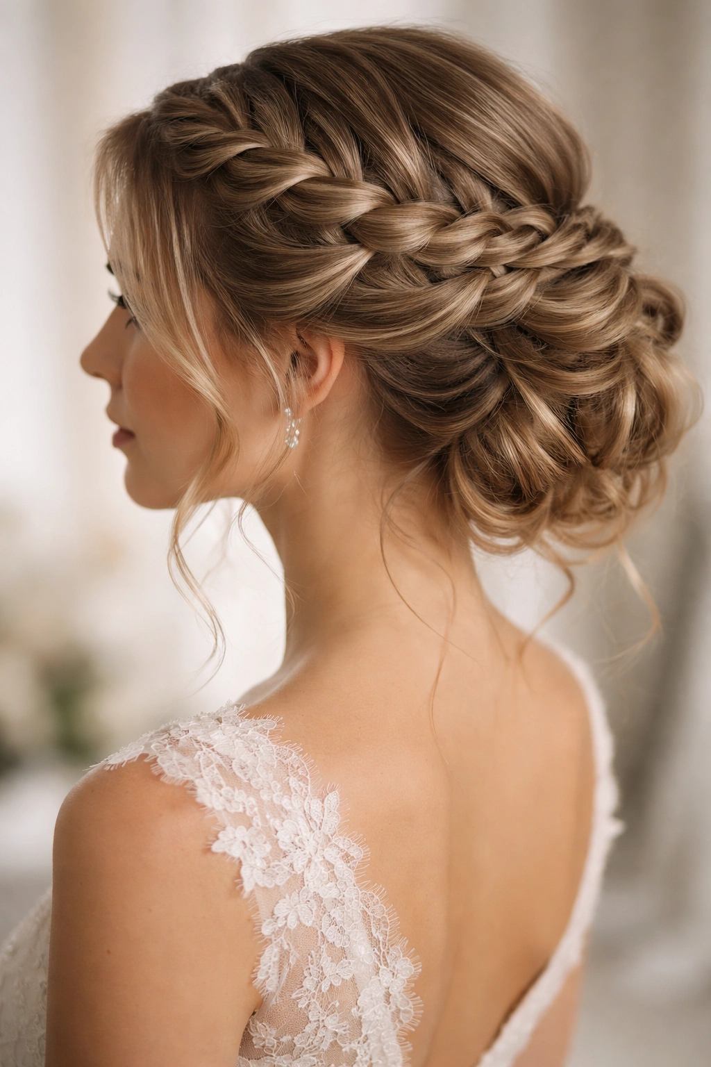 Waterfall braid cascading into a low updo with waves around the face