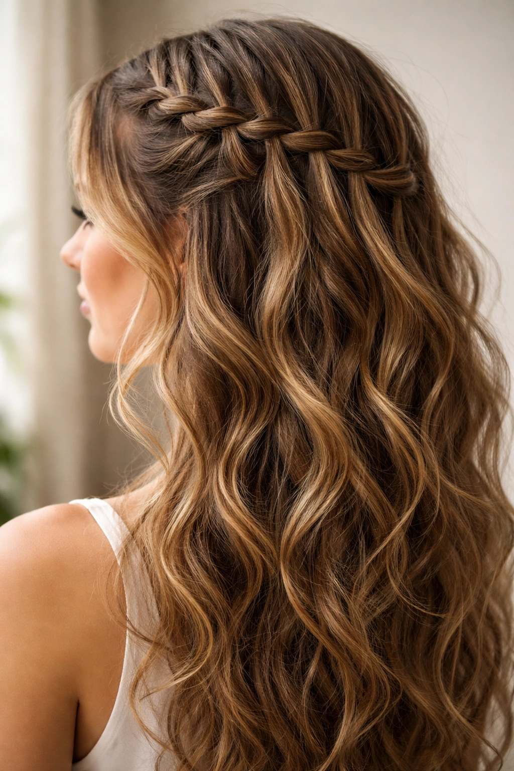 Close-up of a waterfall braid on wavy hair, side view